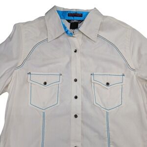 Rock 47 by Wrangler Womens Cream Turquoise Embroidered Western Snap Shirt